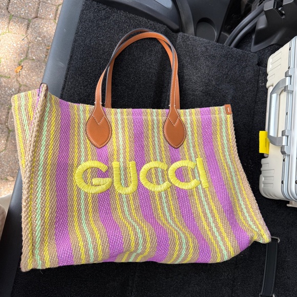 Gucci Yellow and Pink Striped Tote - Picture 1 of 1